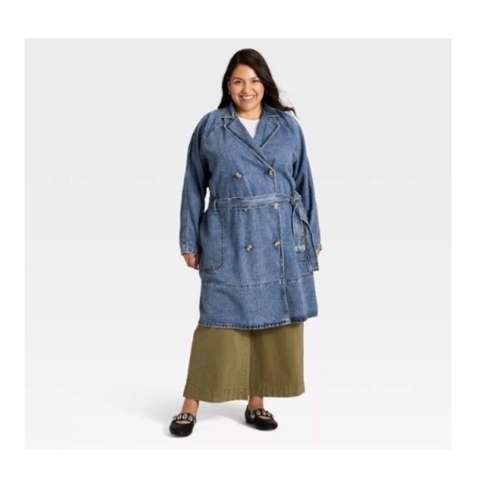 Ava & Viv Womens Denim Trench Coat Medium Wash Double Breasted 2X New